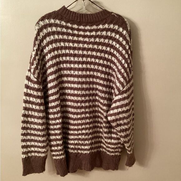 ZARA LARGE NWOT BROWN AND IVORY STRIPED CHUNKY KNIT BOYFRIEND SLOUCHY SWEATER - Picture 5 of 8